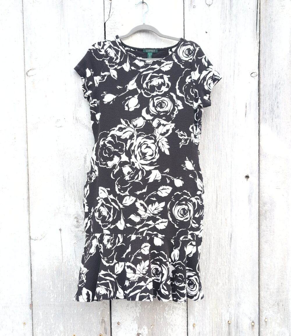 Lauren Ralph Lauren Ponte Stretch White & Black Roses Flounce Dress Women's XL